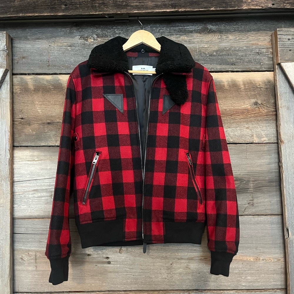 Coach Red and Black Plaid Bomber Jacket